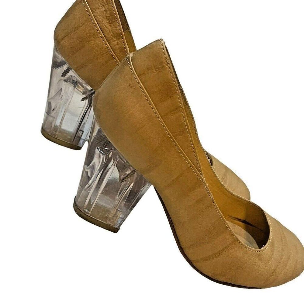 Vena Cava Women Pumps Shoes Block Clear Heels Slip-On Brown Leather Sz 6.5 / 37